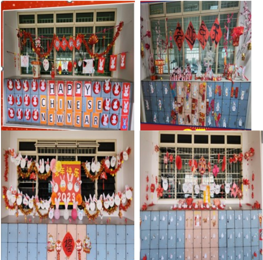 A montage showing 4 classrooms with chinese new year decorations